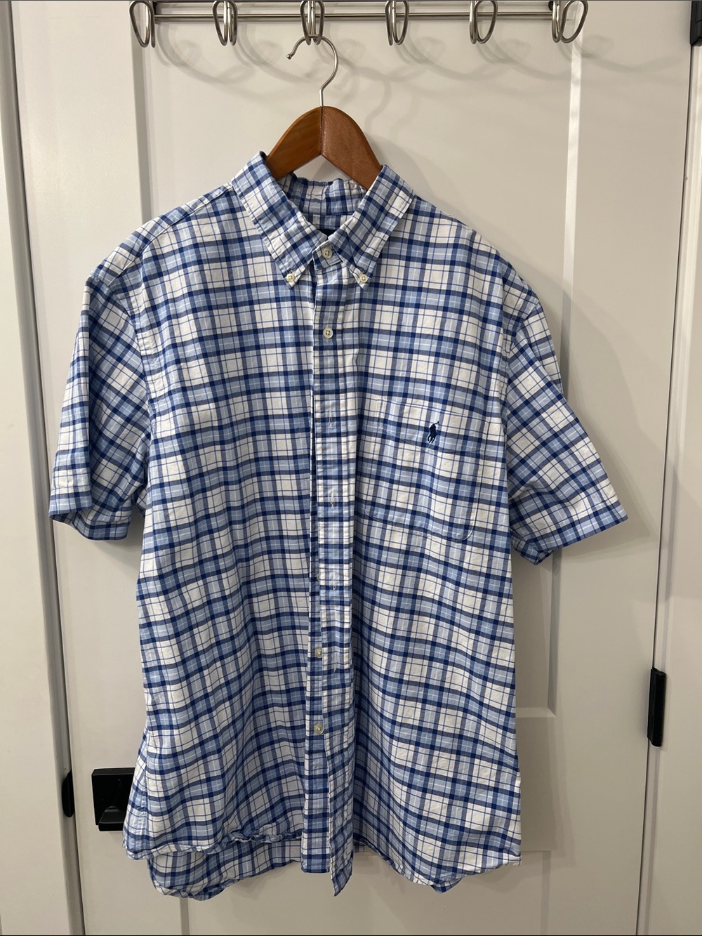 Ralph Lauren Blue and White Plaid Short-Sleeve Button-Down Shirt